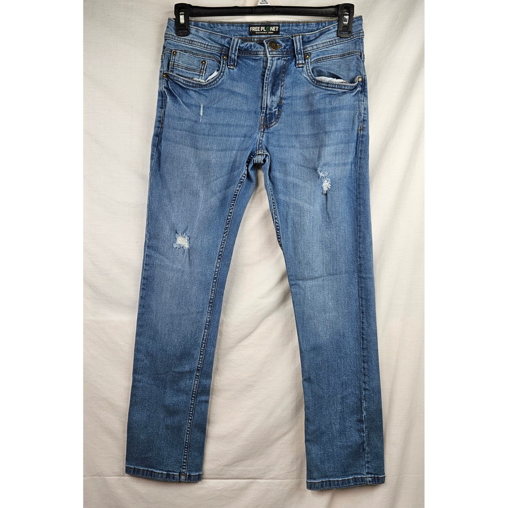 Free Planet Sustainable Denim Medium Wash Distressed‎ Straight Leg Jeans 28x30